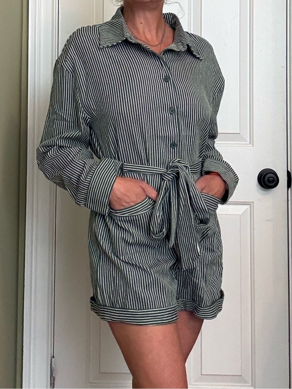 Blue Green Striped Tie-Waist romper